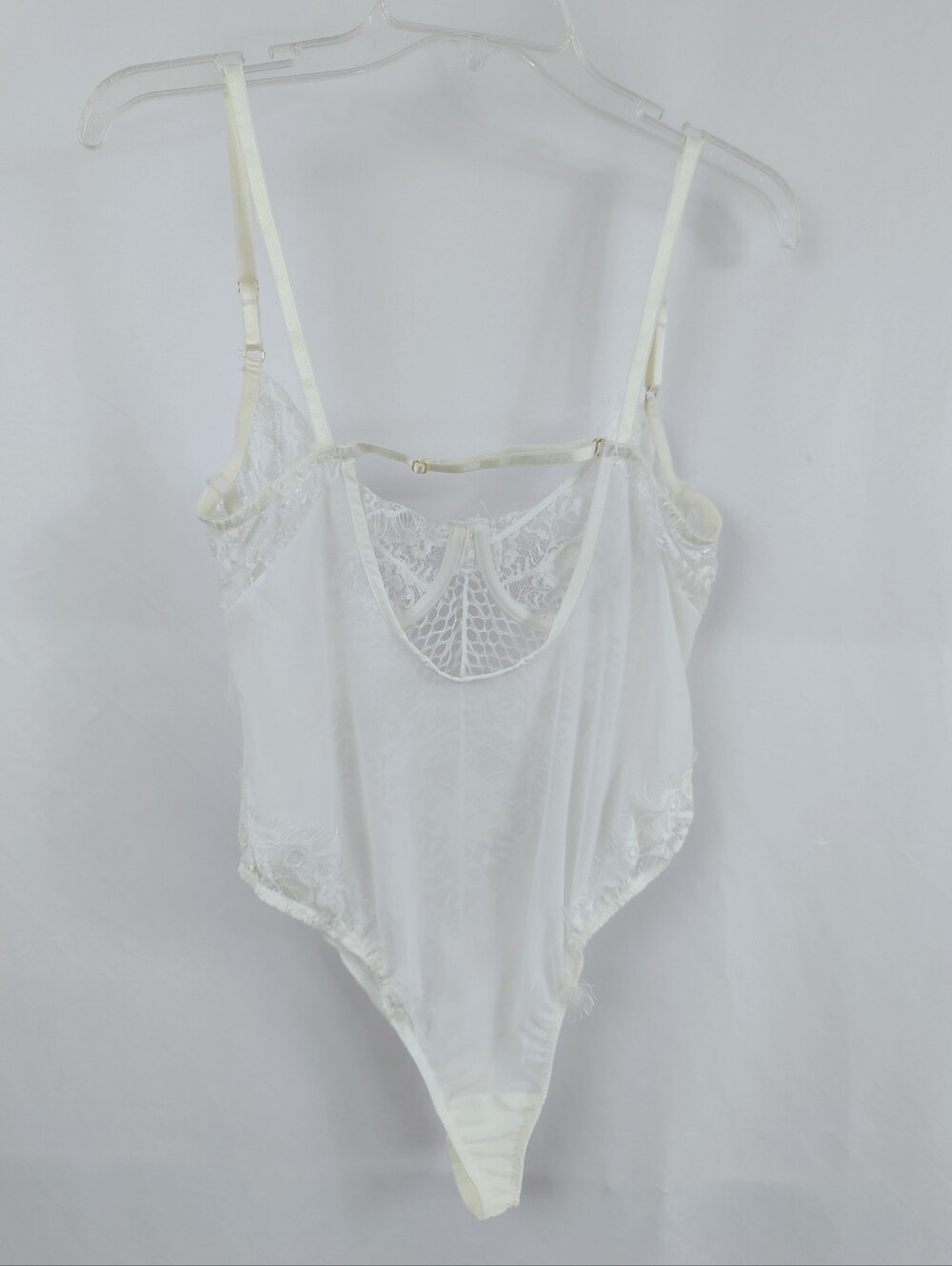Off White Eyelash Lace Mesh U-Back Underwire Teddy Bodysuit, Sz S-M - Picture 7 of 9